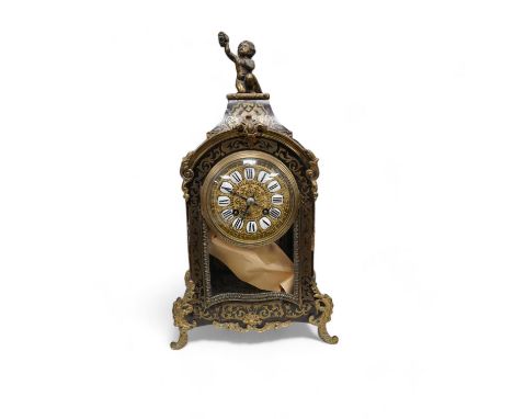 A late 19th century French boulle work mantel clock, with key and pendulum, 40cm. Condition - fair to good, generally worn, n