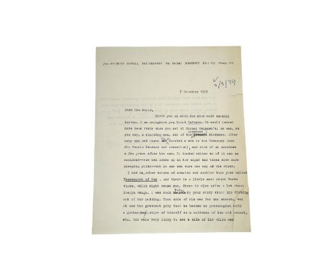 Anthony Powell (1905-2000). Typed letter with handwritten amendments and full signature, to a Mrs Hoyle, 7 December 1978. Dis