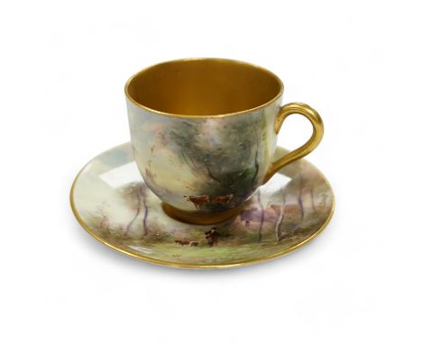 A Royal Worcester cup and saucer, painted by Harry Davis with figures in a landscape, saucer 9.5cm diameter. Condition - good