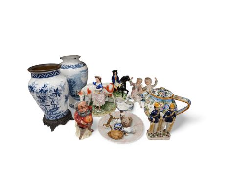 Miscellaneous ceramic ornaments including a continental majolica pot, Staffordshire, etc. Condition - varies