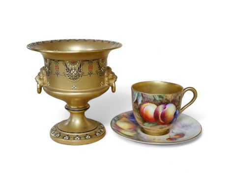 A Royal Worcester miniature fruit painted cup and saucer, Hale and Everett, and an unusual gilded campana vase, 10cm high. Co
