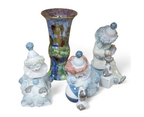 Three Lladro clowns and a Carlton ware dragon and cloud pattern vase, stamped to the base, largest 16cm high. Condition - fai