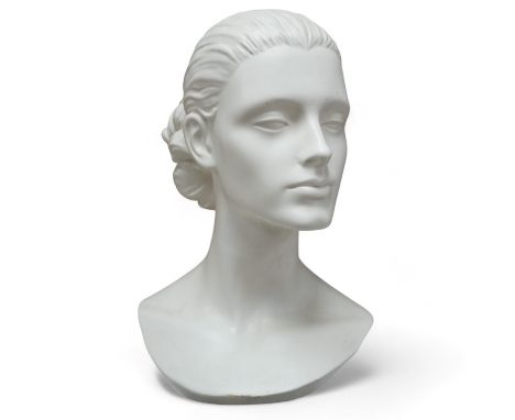 A Mouska white ceramic bust of a young woman, 33cm high. Condition - various chips to glazing on base