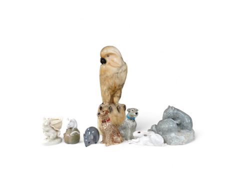 A carved alabaster parrot, a stone carving of two mice, two Royal Copenhagen mice, a mouse spill vase, a pair of dog pepperet