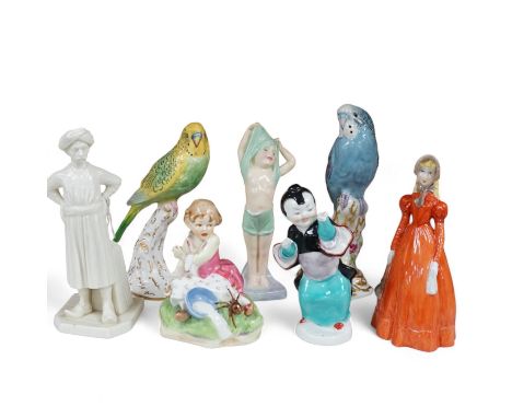 Seven various Royal Worcester figures including ‘Rendevous’, ‘Little Miss Muffet’ and ‘To Bed’, largest 18cm high. Condition 