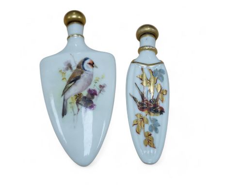 An unusual Royal Worcester bird painted scent flask and another similar flask, longest 10cm. Condition - cork to one stopper 