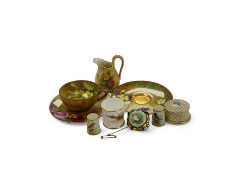 A Royal Worcester flower painted miniature cup and saucer, other Worcester miniatures including a brooch, two thimbles and po