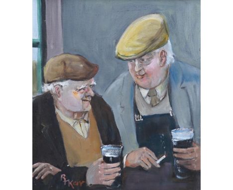 R Kerr (Irish), oil on canvas, Study of two figures drinking, signed, 39.5 x 34.5cm. Condition - good