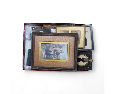 A collection of portrait miniatures and cut paper silhouettes, including an 18th century, oil on copper, portrait of a gentle