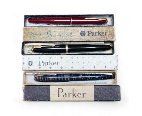 Eight boxed Parker fountain pens and fourteen others unboxed, a lady's Rotary wristwatch and silver pendant. Condition - fair