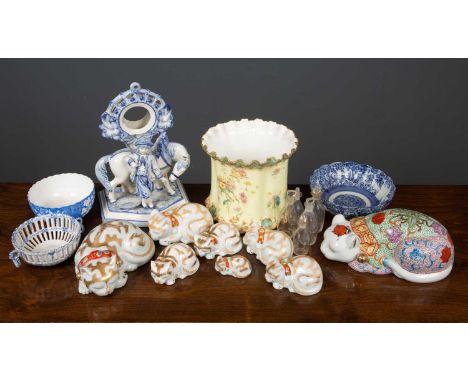 A group of china to include a 19th century porcelain clock holder in the form of a horse and a boy, 19cm wide x 29cm high; se