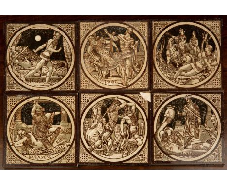 A set of six Minton tiles inspired by Tennyson's Idylls of the King, designed by John Moyr Smith, to include Geraint, Isolt a