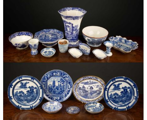 A collection of blue and white mostly willow pattern ceramics to include a Spode Italian hexagonal vase of tapering form, 27c