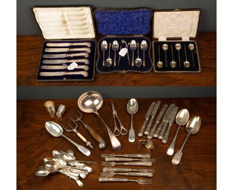 A collection of silver spoons and other silver and silver plated cutlery, to include two silver tablespoons, Moscow 1870 and 