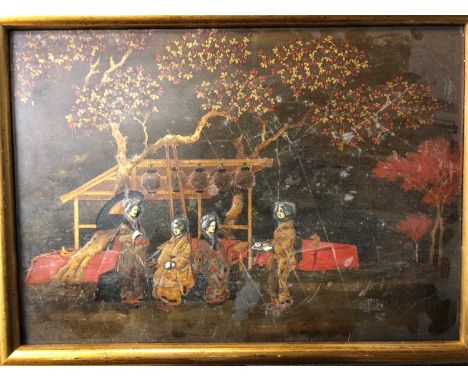 An Oriental framed lacquered panel depicting ladies beneath a shelter amongst trees, 18.5cm x 26cm together with an Oriental 