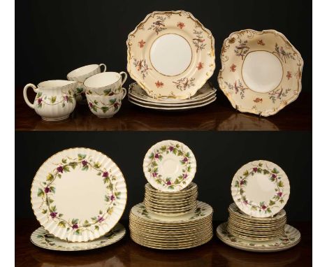 A Spode Felspar porcelain part dessert service with bird and foliate decoration within a relief gilt rim, comprising four pla