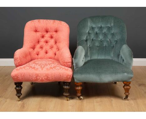Two late Victorian button upholstered low chairs with turned legs and casters, each approximately 66cm wide x 68cm deep x 35c