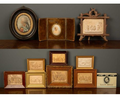 A group of eight cast limestone plaques depicting country scenes including a village wedding etc from the 'Fontaine Petrifian