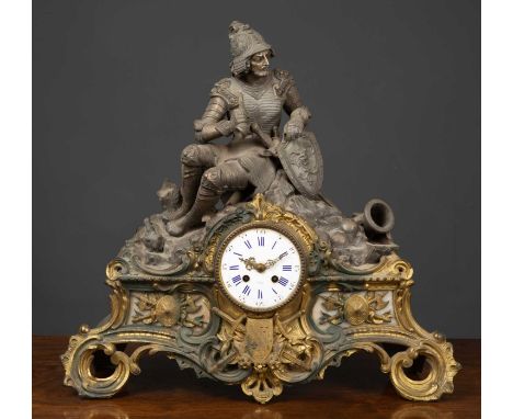 A late 19th century French gilt metal spelter figural mantle clock with an enamelled dial, overall 51cm wide x 17cm deep x 50