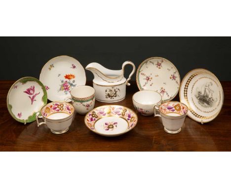 A 19th century KPM Berlin cup and saucer, with floral decoration on a white ground within a gilt rim, a Meissen pottery sauce