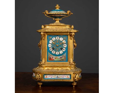 A 19th century French gilded spelter clock with a painted porcelain dial and porcelain plaques, 23cm wide x 37cm highConditio