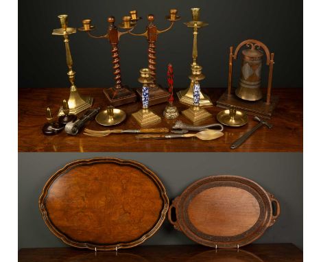 A group of collectables to include a pair of brass candlesticks, 35cm high; a further pair of brass candlesticks with painted