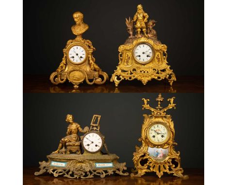 Four late 19th century French gilt metal mantle clocks one mounted with an artist and having porcelain plaques, 42cm wide x 2