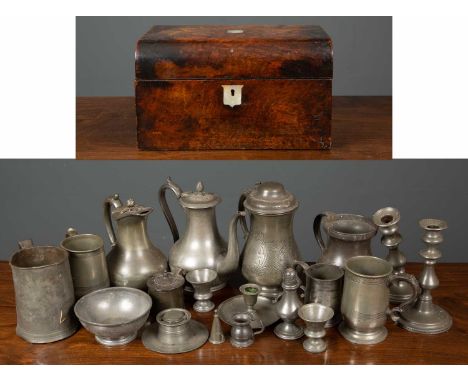 A 19th century walnut ladies travelling box with part fittings within with silver plated lids together with a collection of E