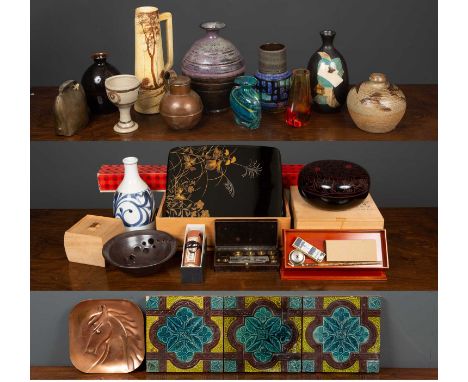 A group of Japanese collectables to include ceramic vases, a cased pen set, a copper tray embossed with a horses head, two bl