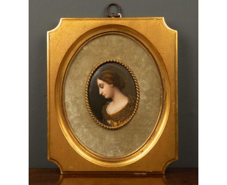 A 19th century Continental porcelain plaque painted head and shoulders portrait of St Cecilia, variously inscribed in pencil 