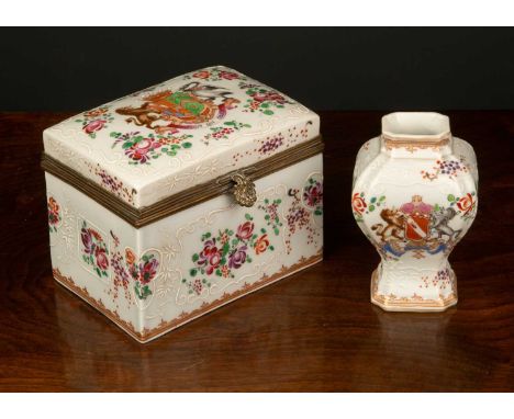 A 19th Century Samson porcelain famille rose armorial chest, with a central coat-of-arms and the motto 'Abstulit Qui Dedit' s