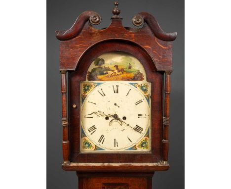 A 19th century oak eight day longcase clock the painted dial with date aperture and subsidiary second hand, indistinctly sign