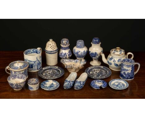 A collection of blue and white pottery to include two Yorkshire Relish pin dishes; a child's blue and white teabowl; a Spode 