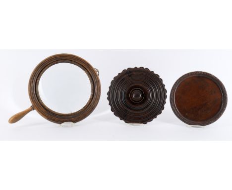 
	
		An early George III mahogany and brass strung Lazy Susan, concentric ring decoration, wavy edge, 20cm diameter; a George
