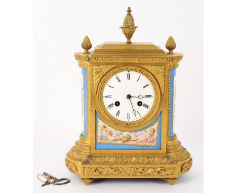 
	
		Jean Baptiste Delettrez- a late 19th century French gilt metal and porcelain mounted mantel clock, circular 3.75" white 