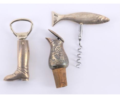 
	
		Silver wine related items including a corkscrew modelled as a salmon, G W Lewis &amp; Co, Birmingham 1933, 9 by 9cm; a S