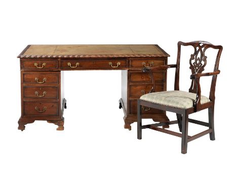 A mahogany twin pedestal desk in George III style, early 20th century, 79cm high, 153cm wide, 99cm deep, together with a Geor