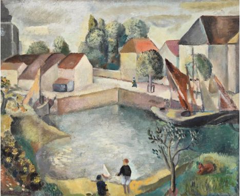 
	
		λ &nbsp;Joan Souter-Robertson (British 1903-1994)
		Two children playing with a sailing boat at the waters edge with con