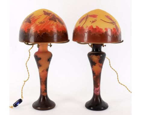 
	
		A near pair of modern Galle style glass lamp bases and shades, each fitted with screw mounted electrical fitments with e