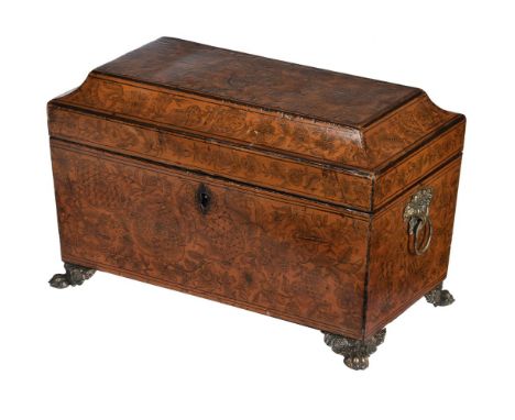 
	
		A Regency penwork tea caddy, circa 1820, the exterior decorated in Chinoiserie taste, the lid enclosing a pair of canist