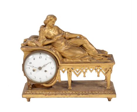 
	
		An Austrian late Biedermeier carved giltwood figural mantel clock, unsigned, probably Vienna, circa 1840, the circular t