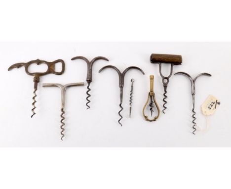 
	
		Corkscrews assorted to include three steel handled single pulls, one of eyebrow form and marked for Hipkins and with Chr