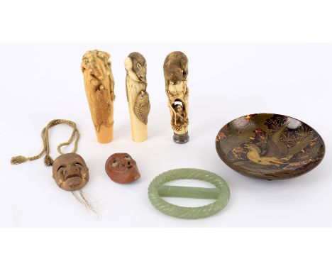 
	
		Y &nbsp;Japanese works of art to include carved ivory handled seal, bloodstone matrix, monkey with rat below, signed, 10