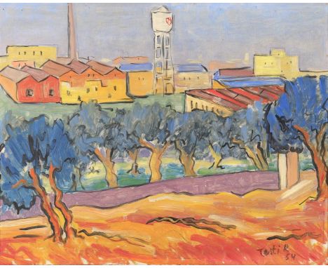
	
		Italian School (20th century)
		Italian landscape with olive grove and industrial buildings
		Oil on board 
		Signed Tes