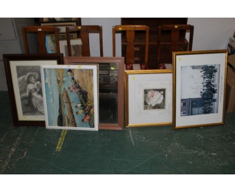 A print of Young Anglers, a rectangular mirror and three other prints to include a Lowrey print 