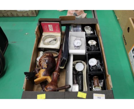 Box of wristwatches and novelty pipe