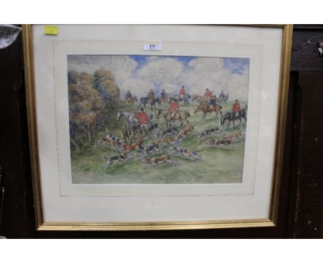 Hunting watercolour by G A Short, 55 cm x 45 cm and a hunting print in full cry 