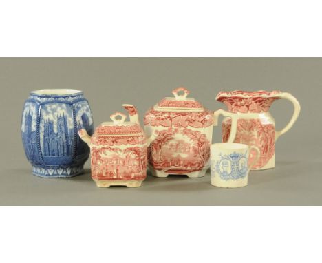 Three pieces of Masons Patent ironstone china, pink and white together with a Ringtons maling ware caddy and a coronation mug