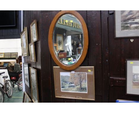 Oval bevel edge mirror, 69 cm x 47 cm and a Lake District framed and mounted print of Yew Tree Farm, Coniston