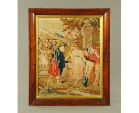 19th century wool work tapestry,The Secret Admirer, Religious scene, 68 cm x 50 cm framed (ref 1097)
